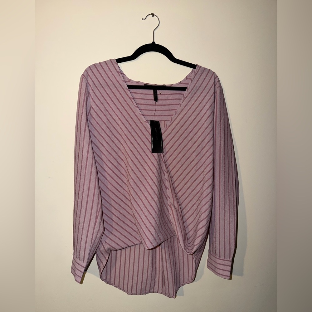 BCBGMaxAzria Pink Striped V-Neck Blouse with closure button in front